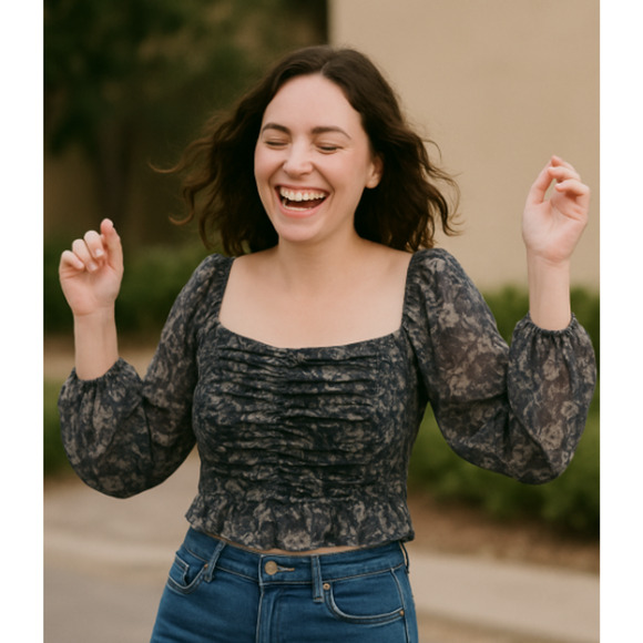Free People Tops - Free People Crop Top Blue Sheer Floral Puff Sleeve Cottagecore‎ Boho Size Large